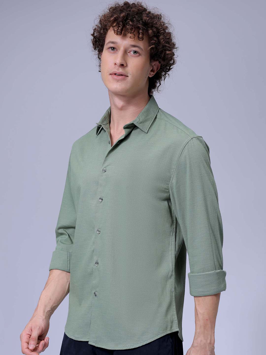 Men's Olive Slim Fit Solid Textured Shirt