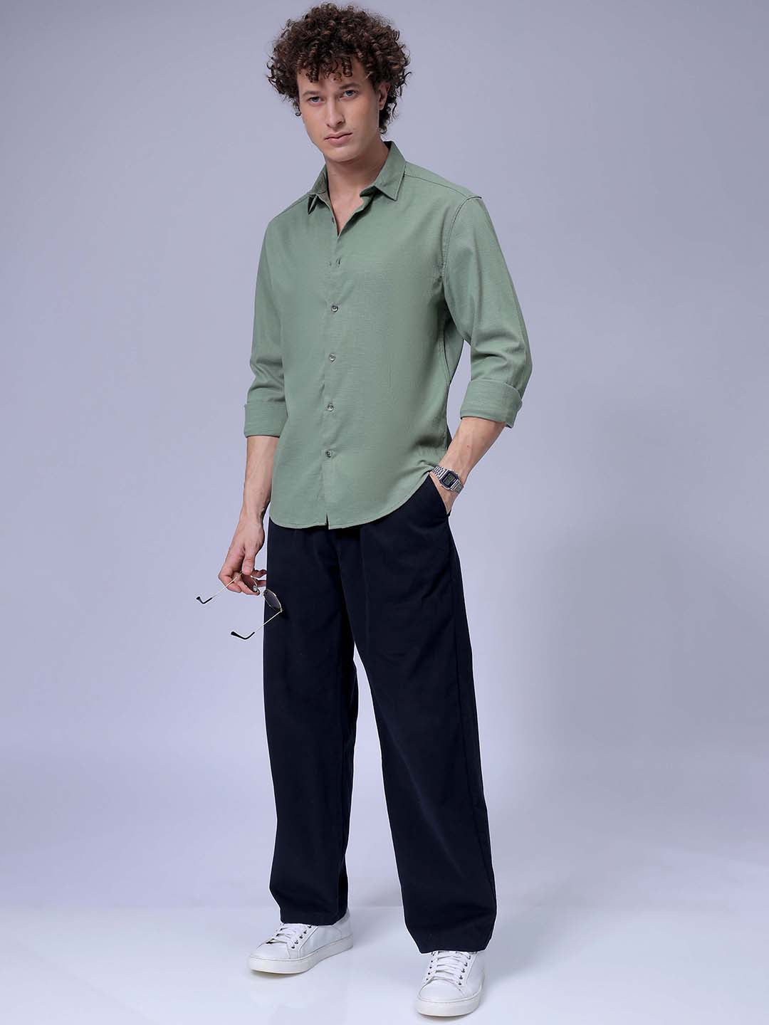 Men's Olive Slim Fit Solid Textured Shirt