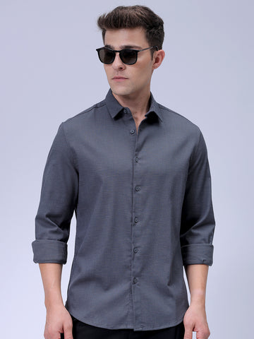 Men's Grey Slim Fit Solid Textured Shirt