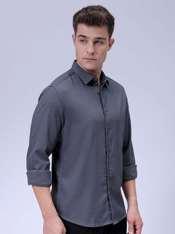 Men's Grey Slim Fit Solid Textured Shirt