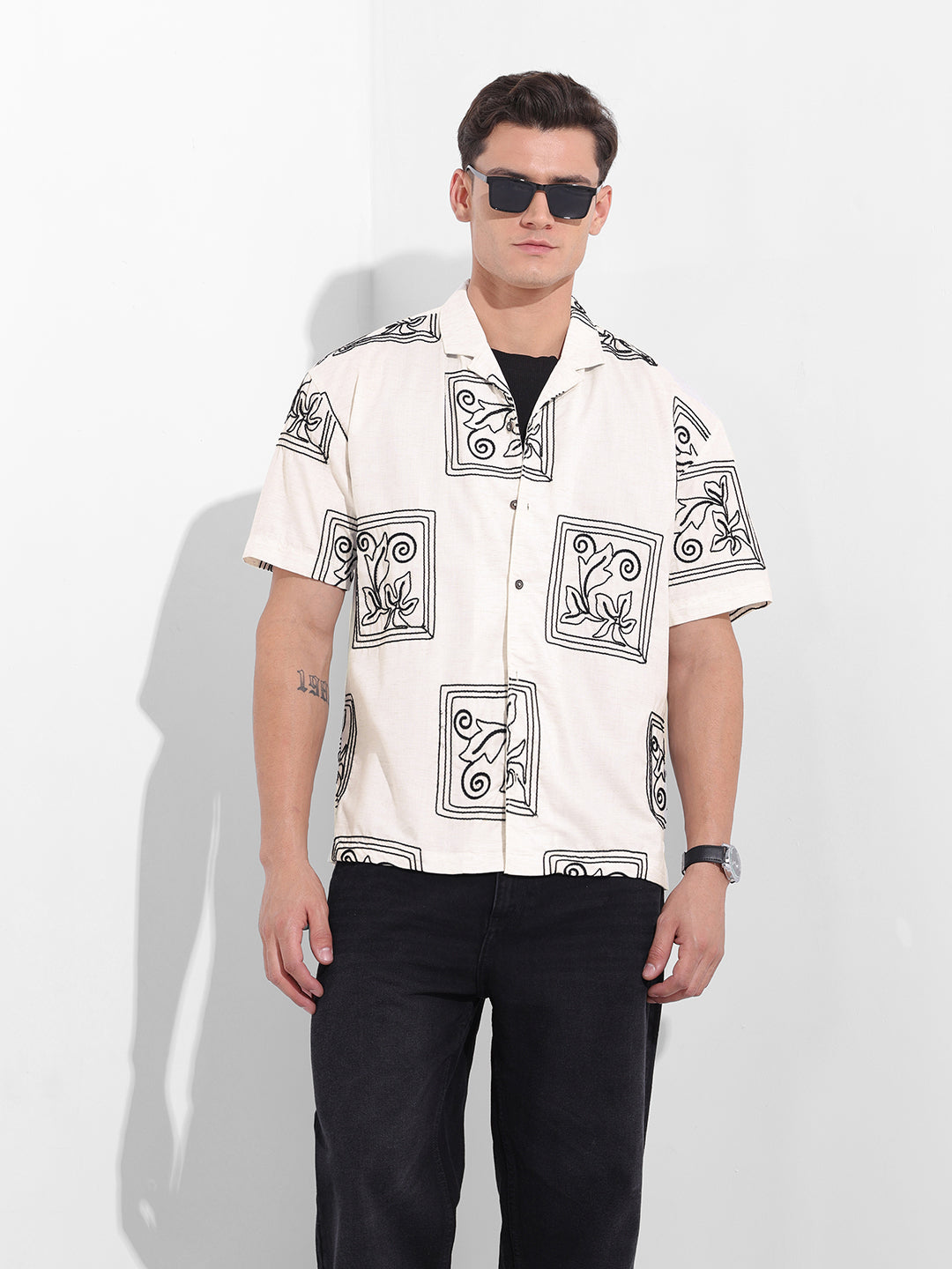 Men's Cream Regular Fit Floral Printed Resort Wear Shirt