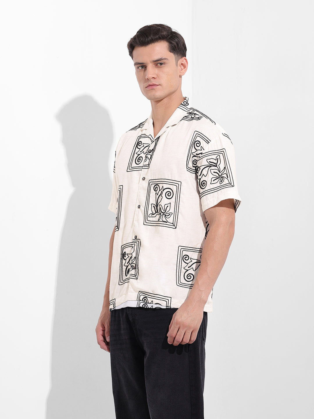 Men's Cream Regular Fit Floral Printed Resort Wear Shirt
