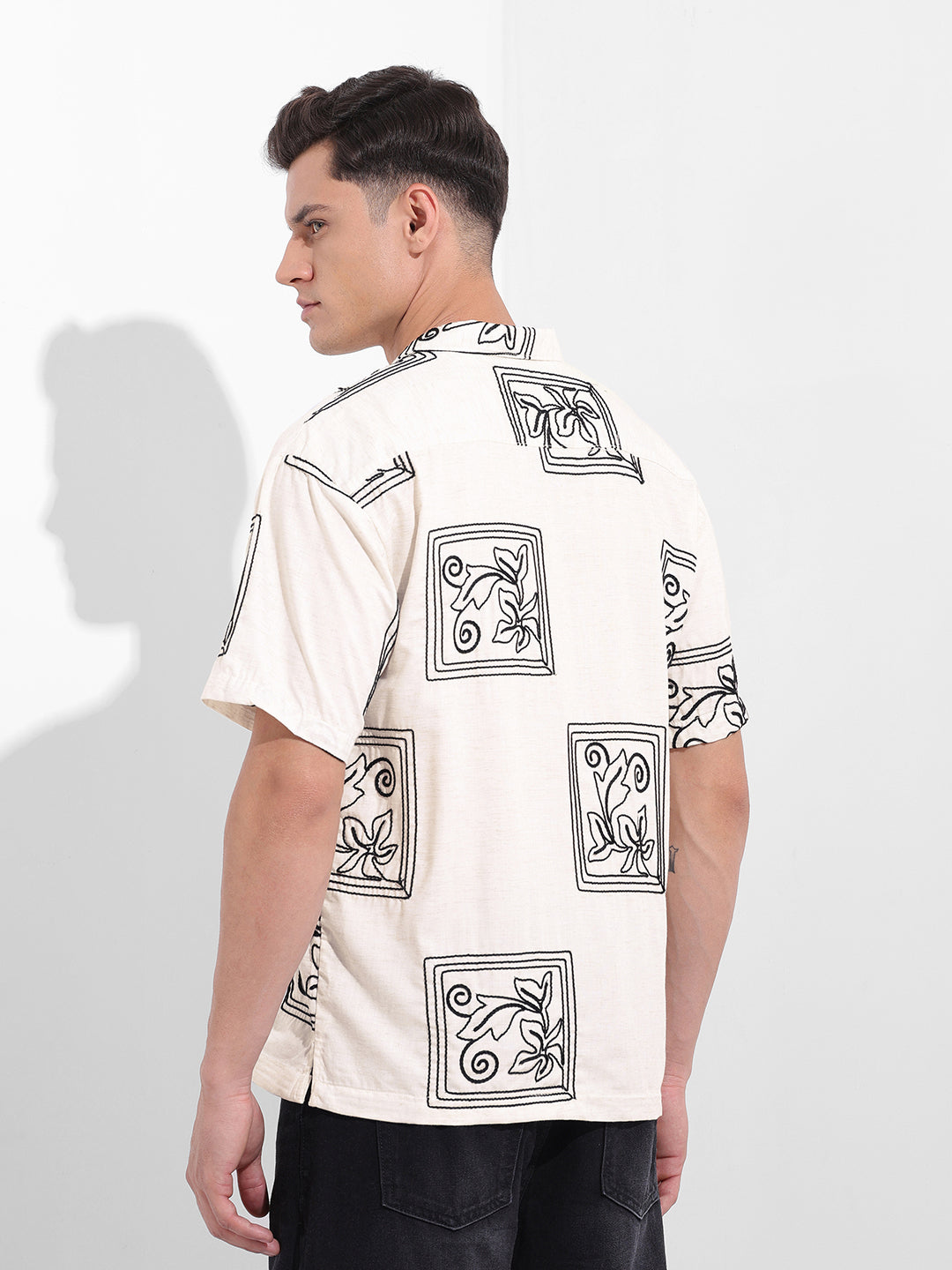 Men's Cream Regular Fit Floral Printed Resort Wear Shirt