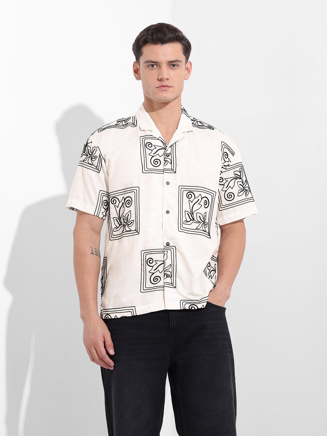 Men's Cream Regular Fit Floral Printed Resort Wear Shirt