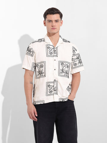 Men's Beige Relaxed Fit Embroided  Resort Wear Shirt