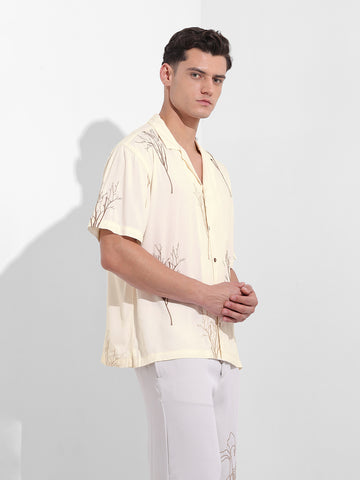 Men's Cream Relaxed Fit Embroided  Embroidery Shirt