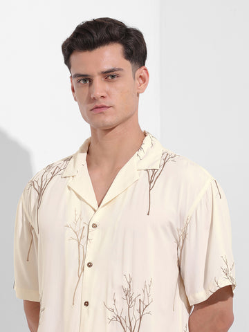 Men's Cream Relaxed Fit Embroided  Embroidery Shirt