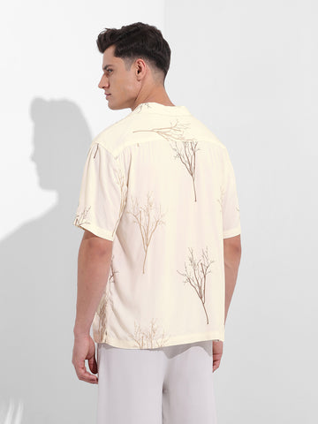 Men's Cream Relaxed Fit Embroided  Embroidery Shirt
