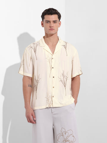 Men's Cream Relaxed Fit Embroided  Embroidery Shirt