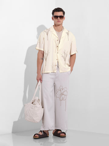 Men's Cream Relaxed Fit Embroided  Embroidery Shirt