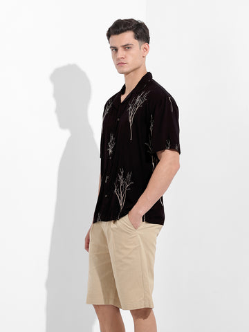 Men's Black Relaxed Fit Textured Embroidery Shirt