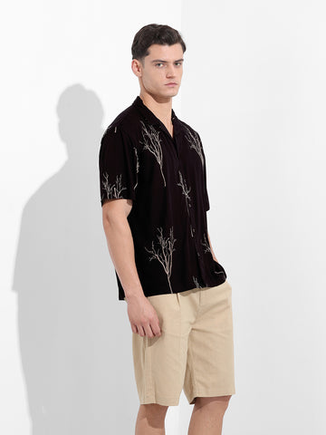 Men's Black Relaxed Fit Textured Embroidery Shirt