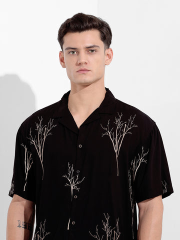 Men's Black Relaxed Fit Textured Embroidery Shirt