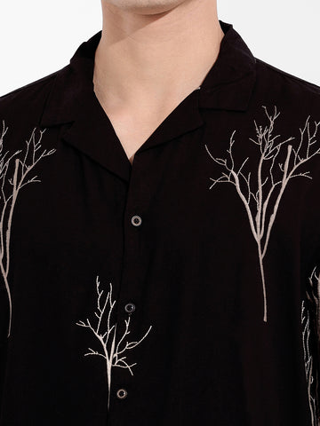 Men's Black Relaxed Fit Textured Embroidery Shirt