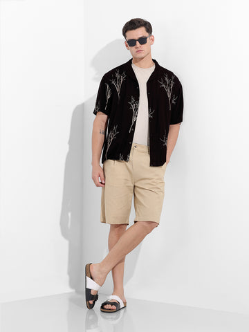Men's Black Relaxed Fit Textured Embroidery Shirt
