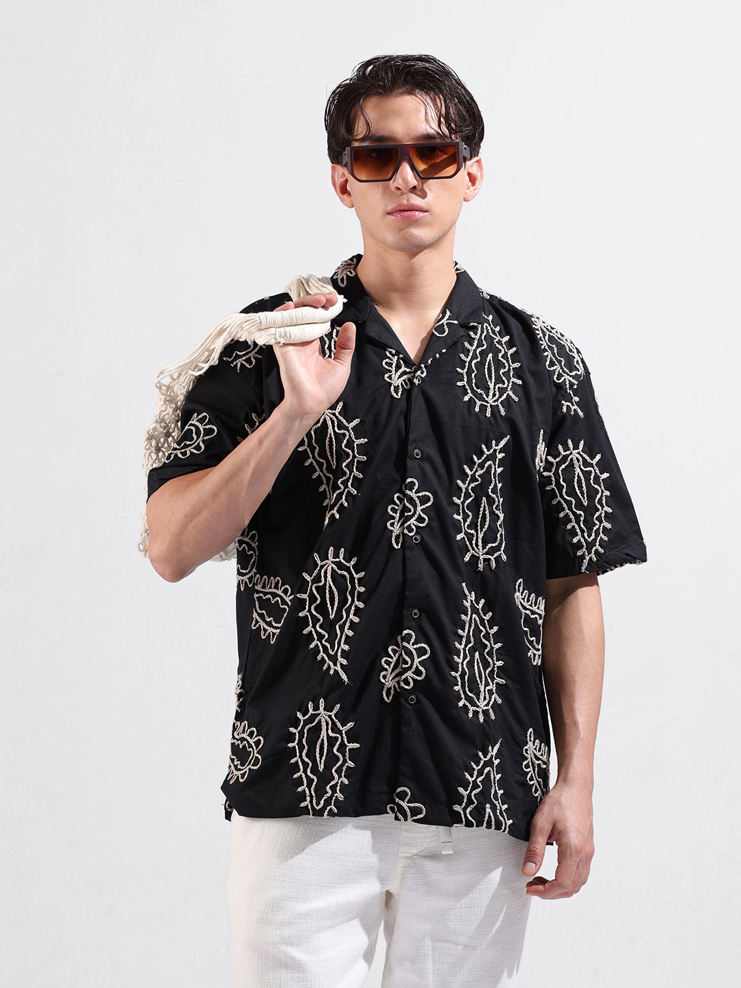Men's Black Relaxed Fit Textured Resort Wear Shirt
