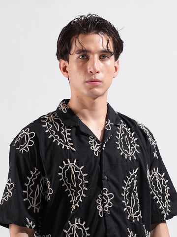 Men's Black Relaxed Fit Textured Resort Wear Shirt