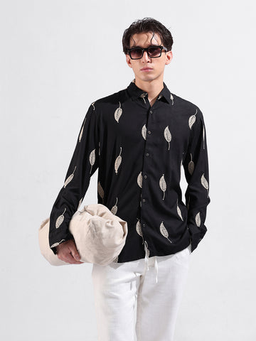 Men's Black Relaxed Fit Textured Resort Wear Shirt