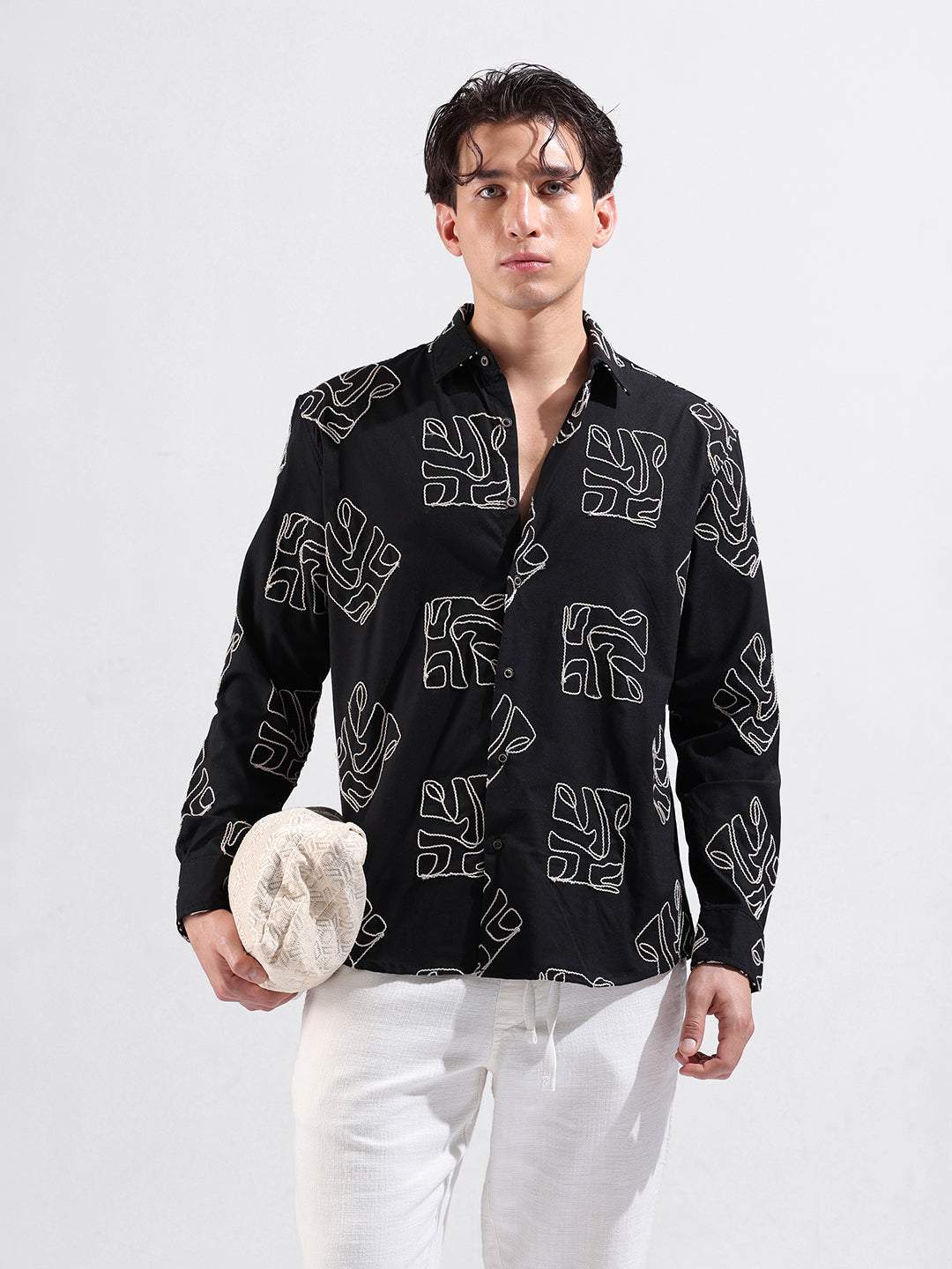 Men's Black Relaxed Fit Textured Resort Wear Shirt