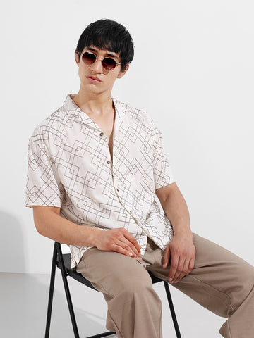 Men's Cream Relaxed Fit Textured Resort Wear Shirt