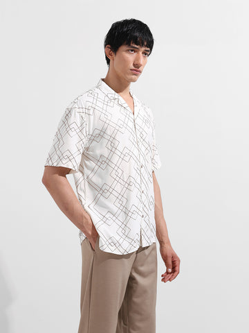 Men's Cream Relaxed Fit Textured Resort Wear Shirt