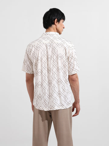 Men's Cream Relaxed Fit Textured Resort Wear Shirt