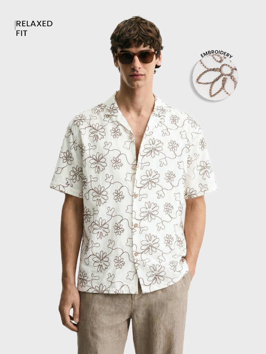 Men's Cream Relaxed Fit Embroidered Resort Wear Shirt
