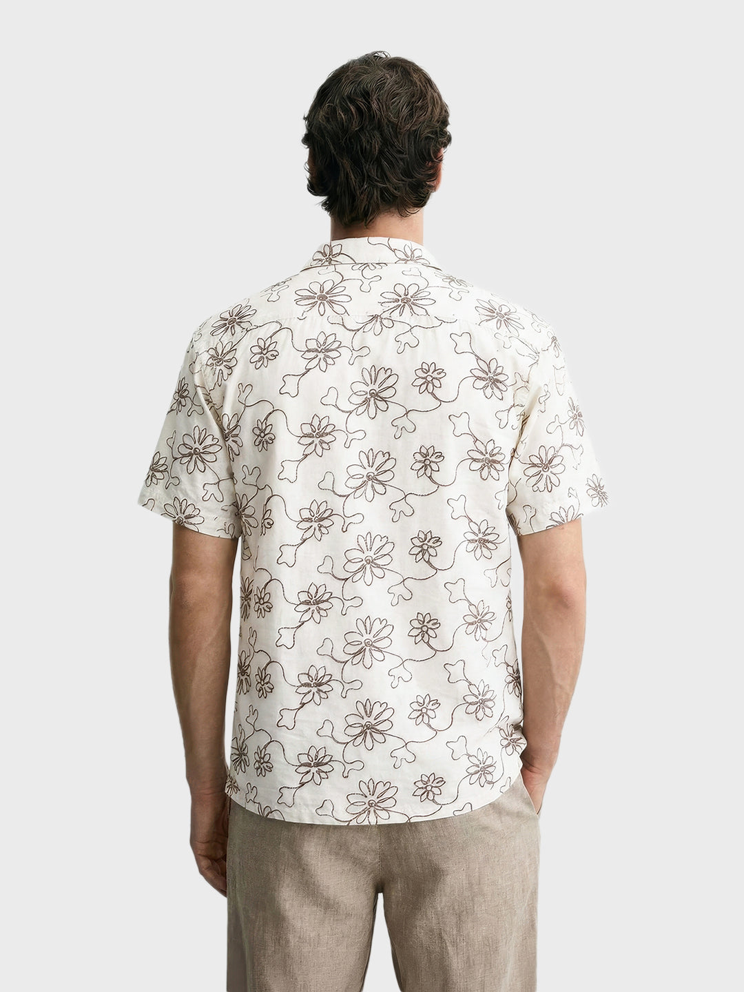 Men's Cream Relaxed Fit Embroidered Resort Wear Shirt