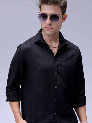 Men's Black Regular Fit Solid Textured Shirt