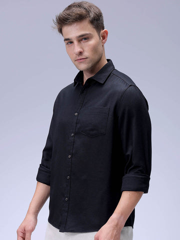 Men's Black Regular Fit Solid Textured Shirt