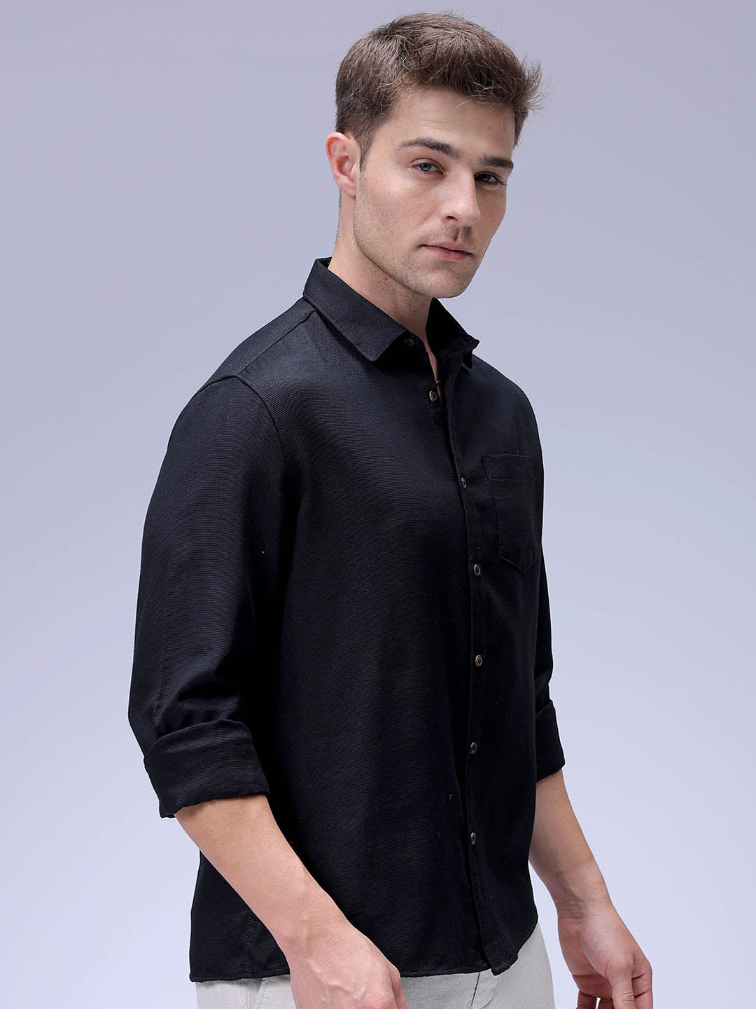 Men's Black Regular Fit Solid Textured Shirt