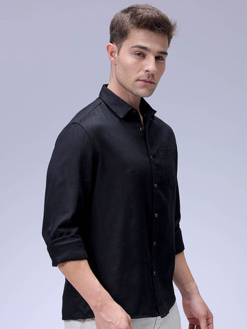 Men's Black Regular Fit Solid Textured Shirt