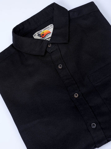 Men's Black Regular Fit Solid Textured Shirt