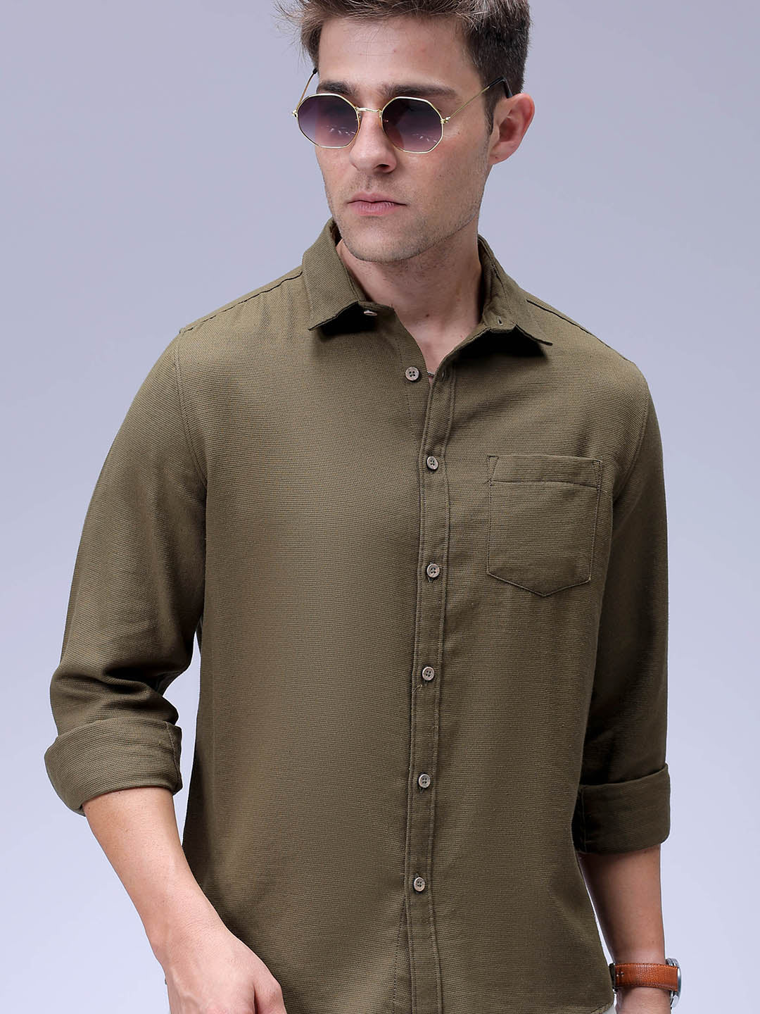 Men's Olive Regular Fit Solid Textured Shirt