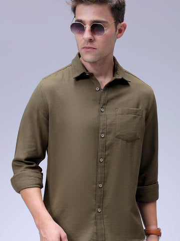 Men's Olive Regular Fit Solid Textured Shirt