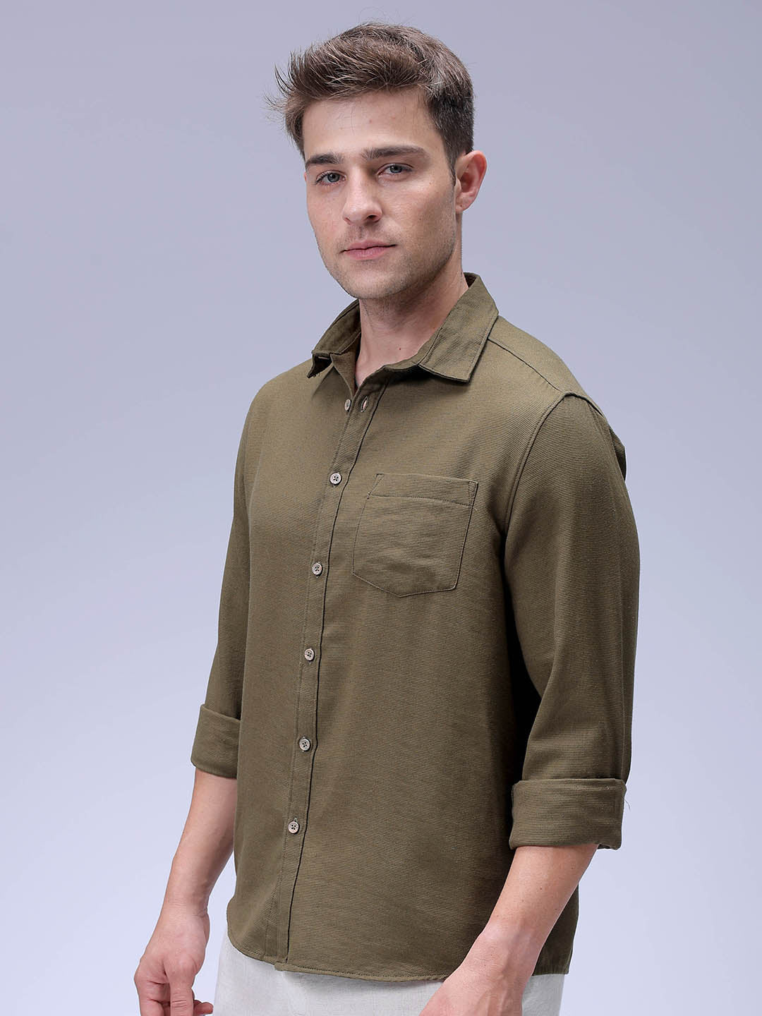 Men's Olive Regular Fit Solid Textured Shirt