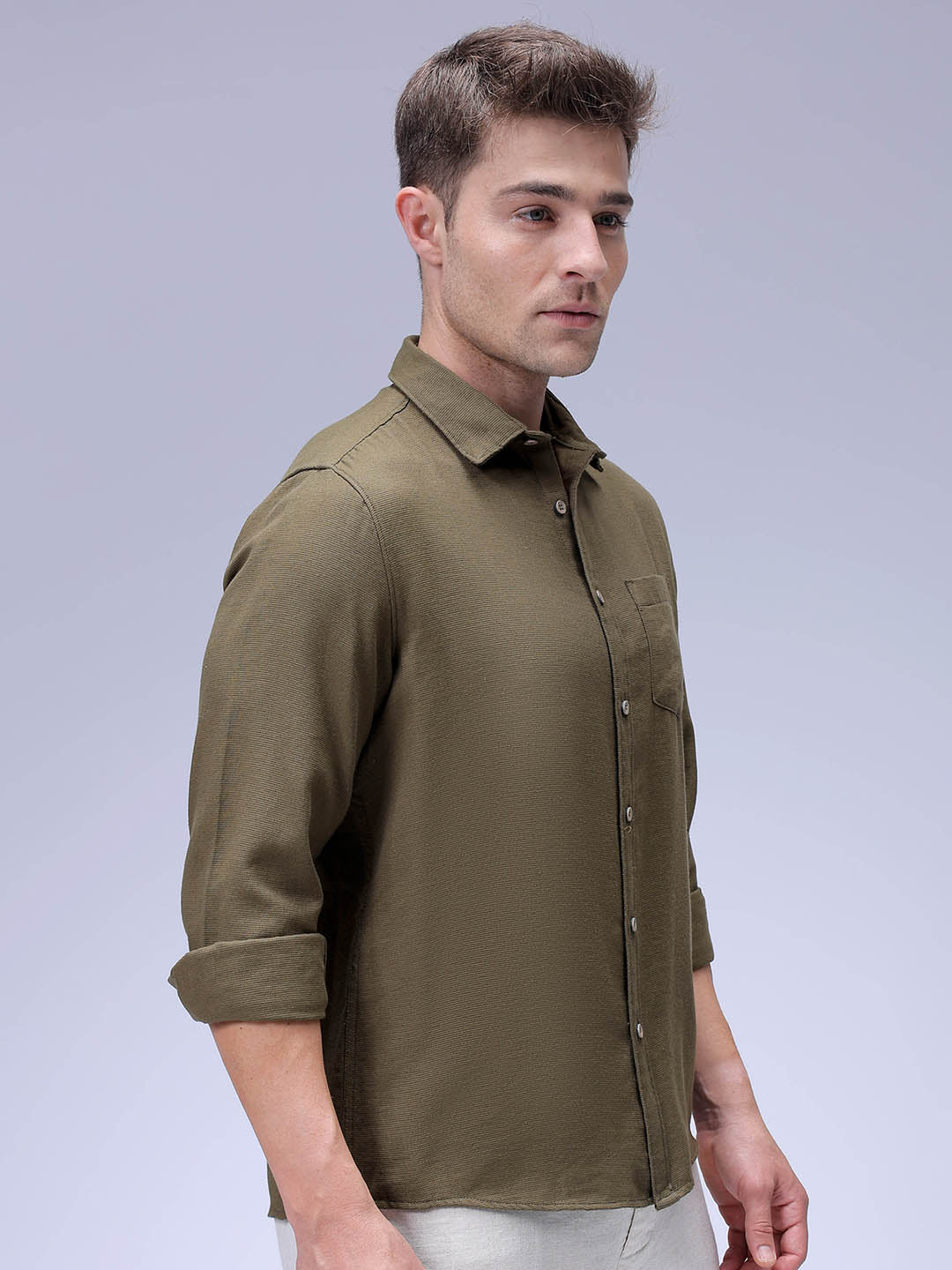 Men's Olive Regular Fit Solid Textured Shirt