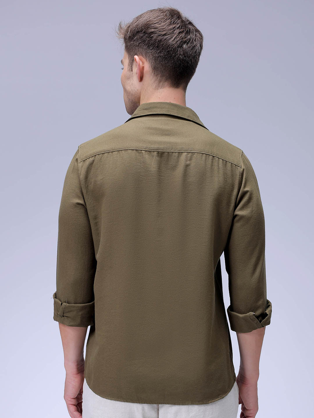 Men's Olive Regular Fit Solid Textured Shirt