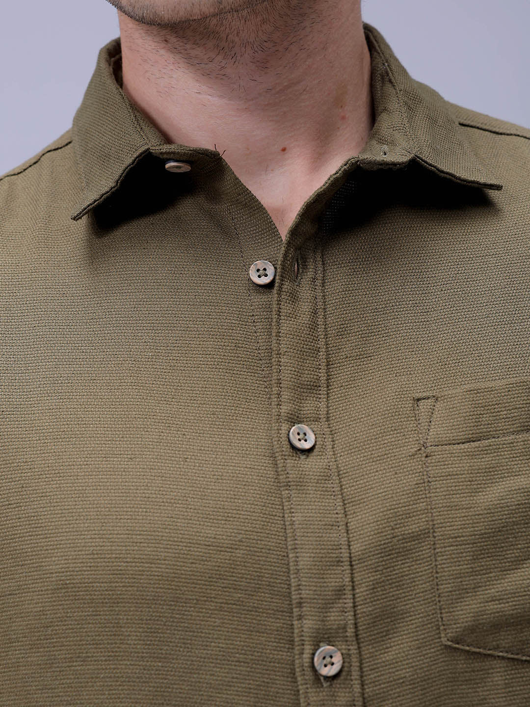 Men's Olive Regular Fit Solid Textured Shirt
