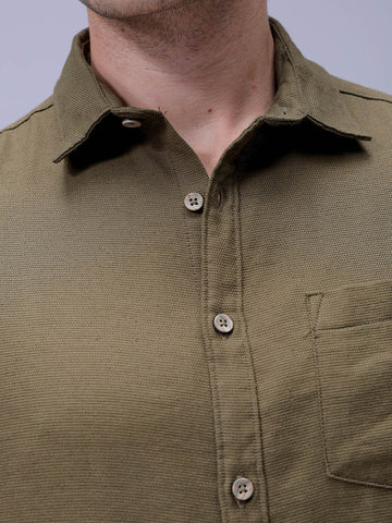 Men's Olive Regular Fit Solid Textured Shirt