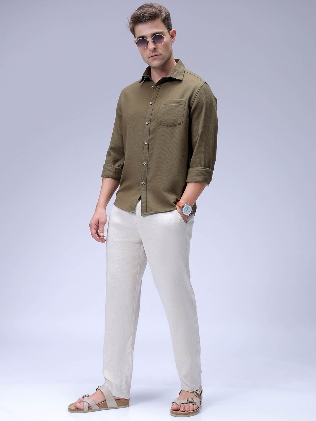 Men's Olive Regular Fit Solid Textured Shirt