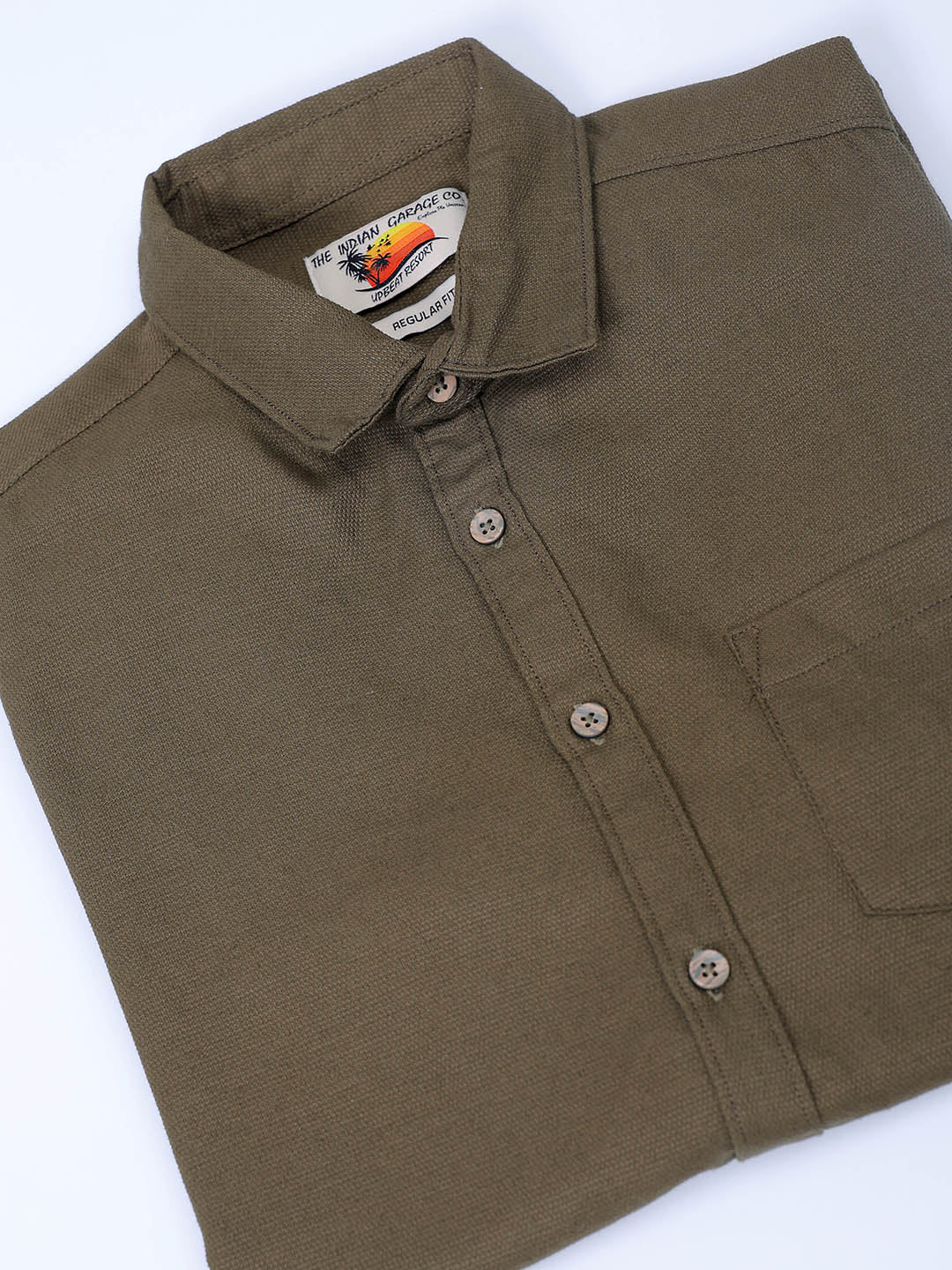 Men's Olive Regular Fit Solid Textured Shirt