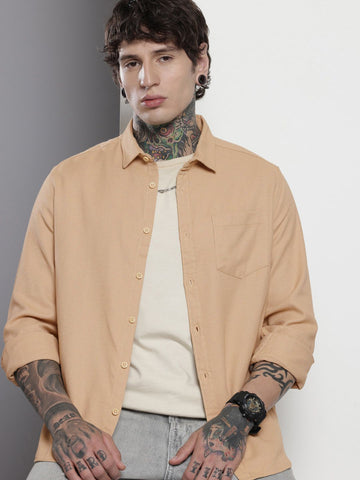 Men's Khaki Regular Fit Solid Textured Shirt