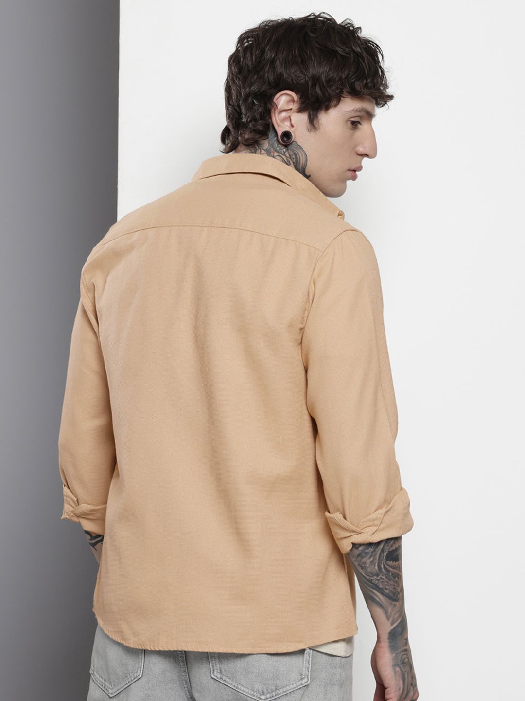 Men's Khaki Regular Fit Solid Textured Shirt