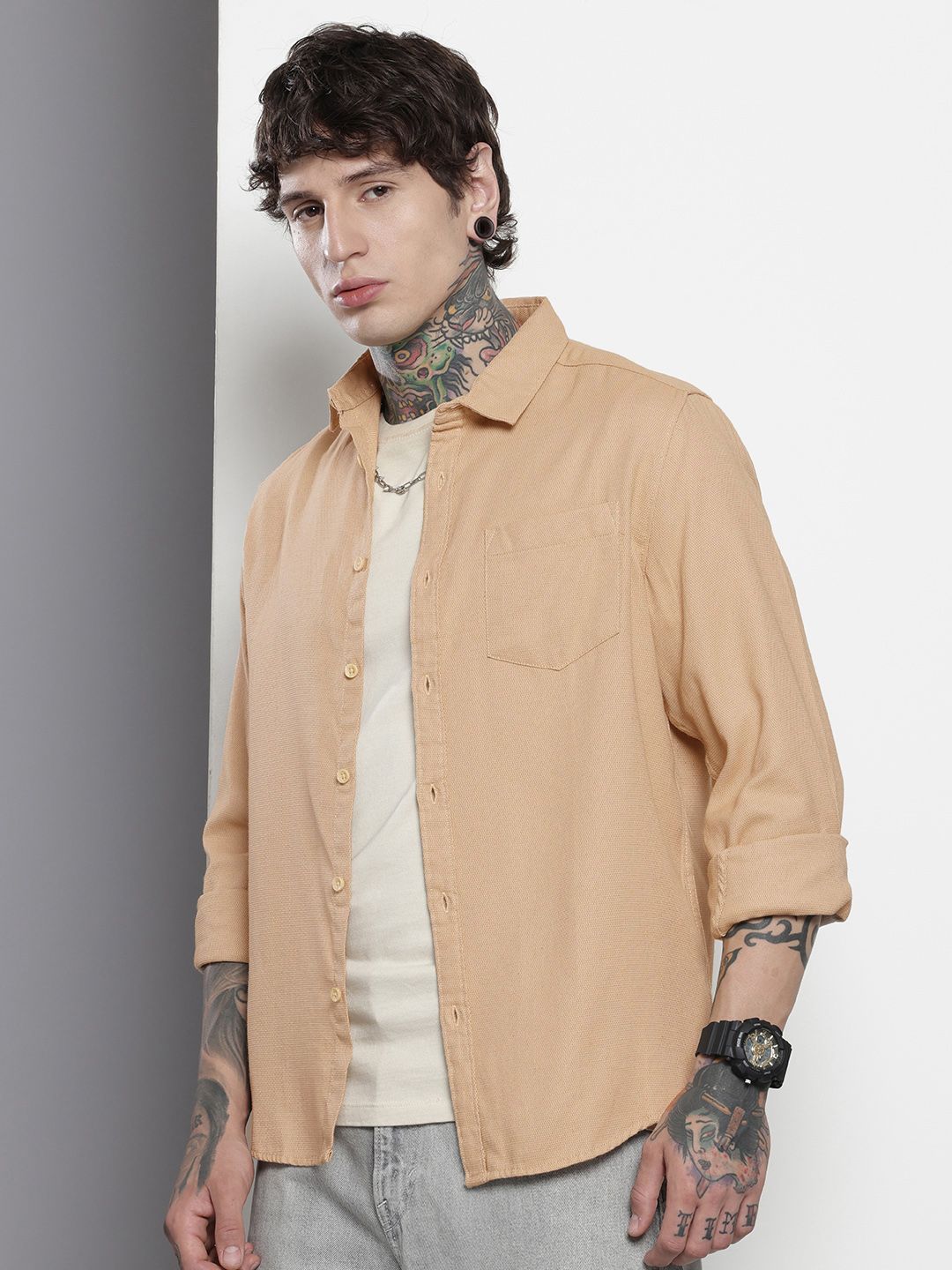 Men's Khaki Regular Fit Solid Textured Shirt