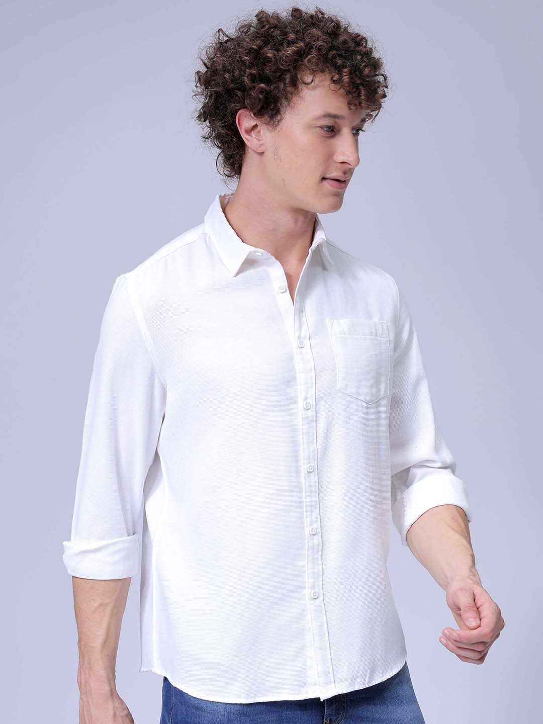 Men's White Regular Fit Solid Textured Shirt