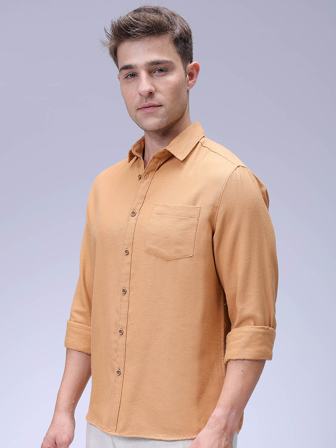 Men's Tan Regular Fit Solid Textured Shirt