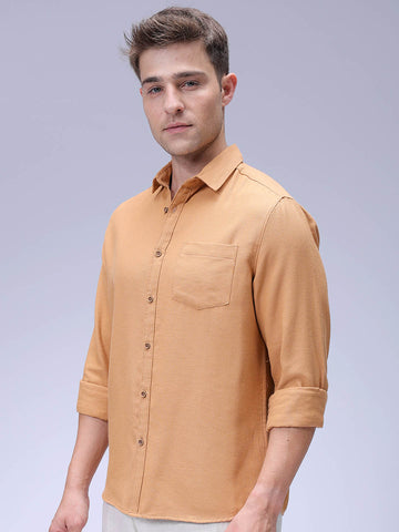 Men's Tan Regular Fit Solid Textured Shirt