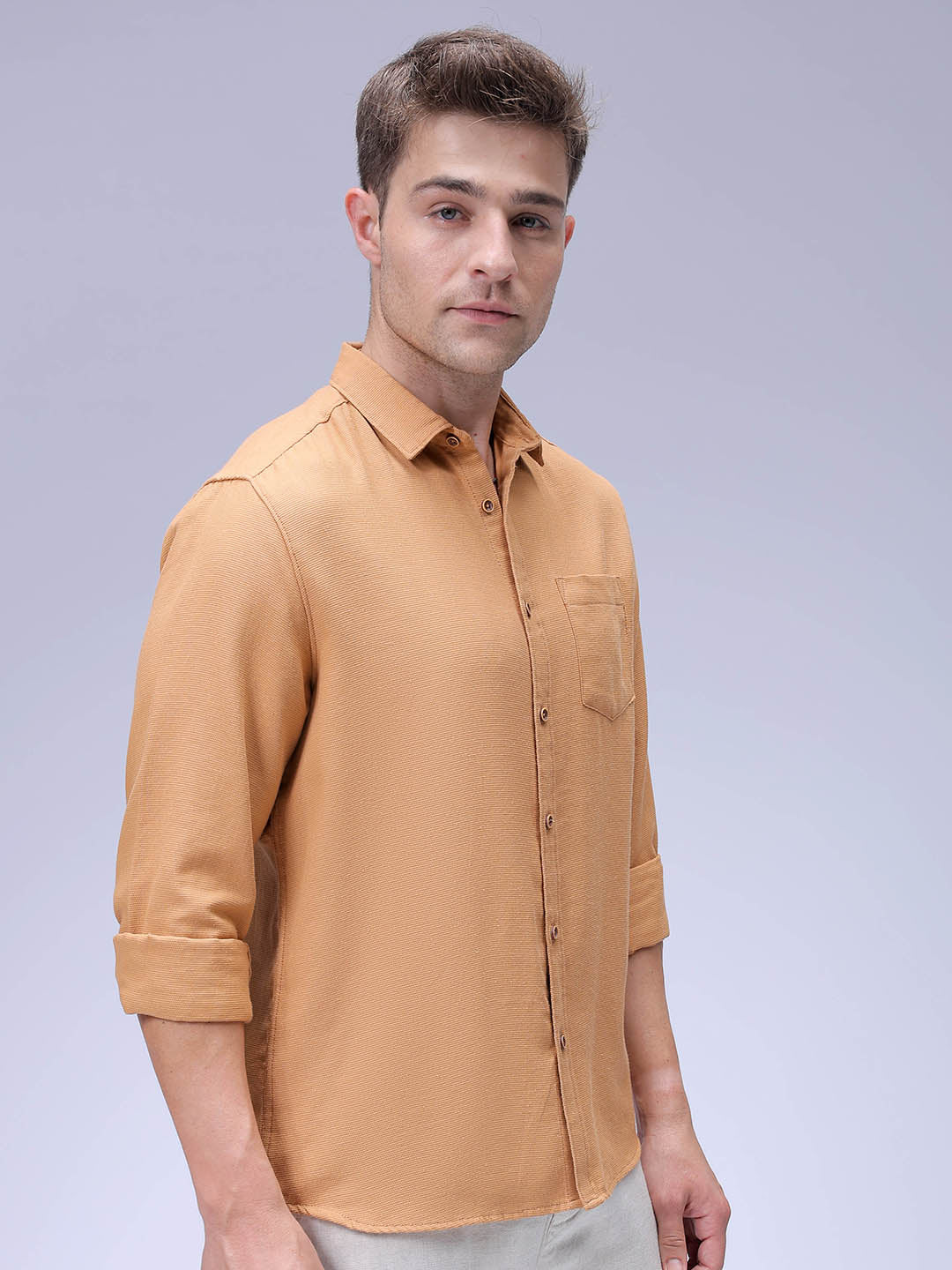 Men's Tan Regular Fit Solid Textured Shirt