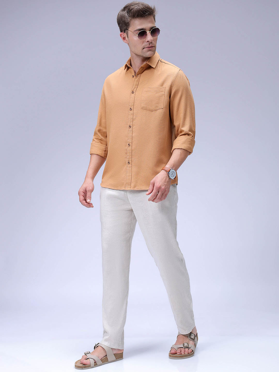 Men's Tan Regular Fit Solid Textured Shirt